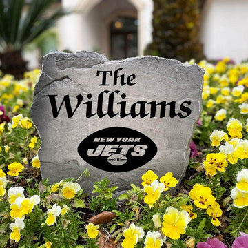 Officially licensed New York Jets Name Stone handcrafted in the USA with custom family engraving and durable team artwork. This decorative garden stone enhances landscape beds, patios, and outdoor living spaces with lasting beauty and NFL team pride.