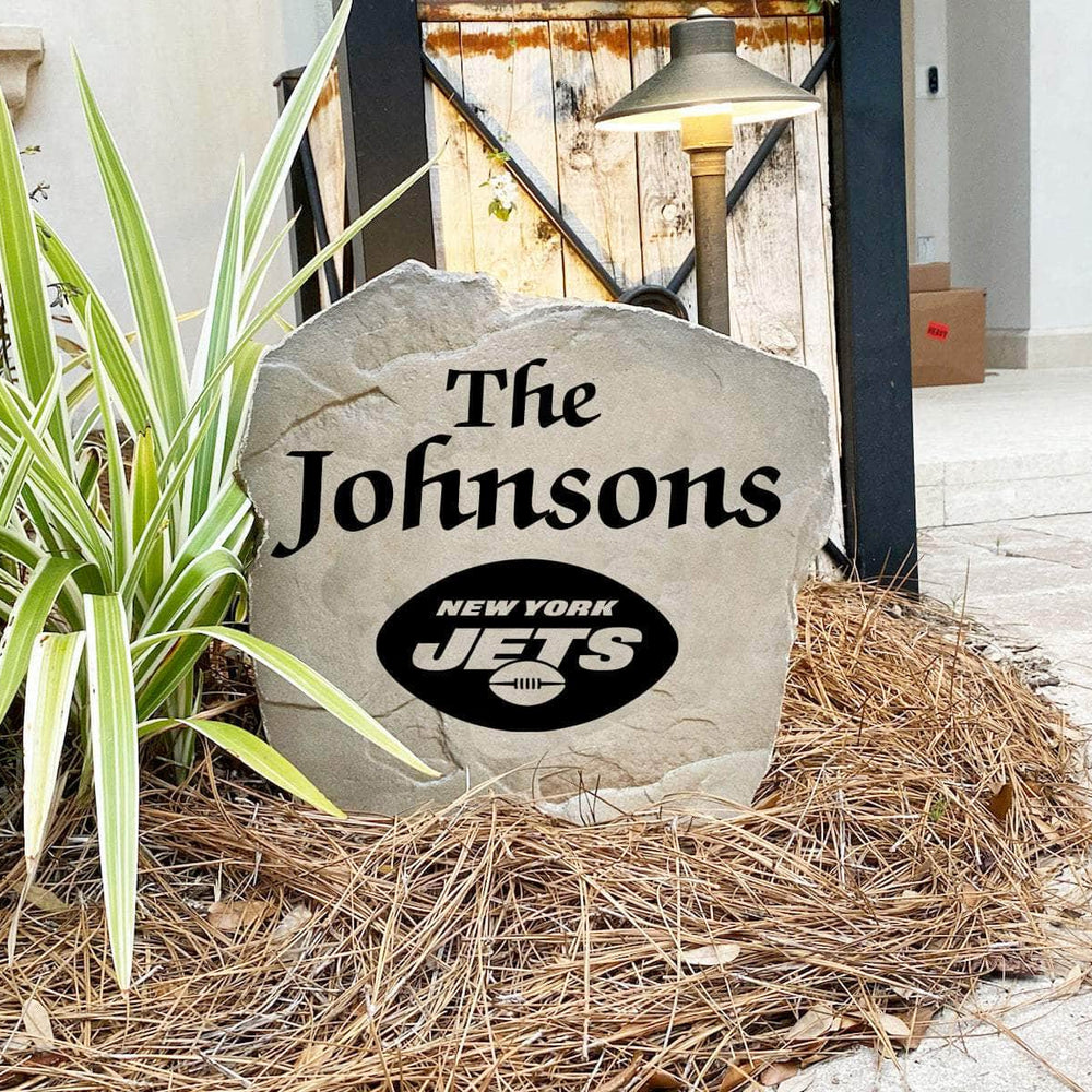 Engraved New York Jets Name Stone with a custom family name and the official New York Jets logo, bringing football spirit and timeless style to front yard landscapes, walkways, and home entrances.