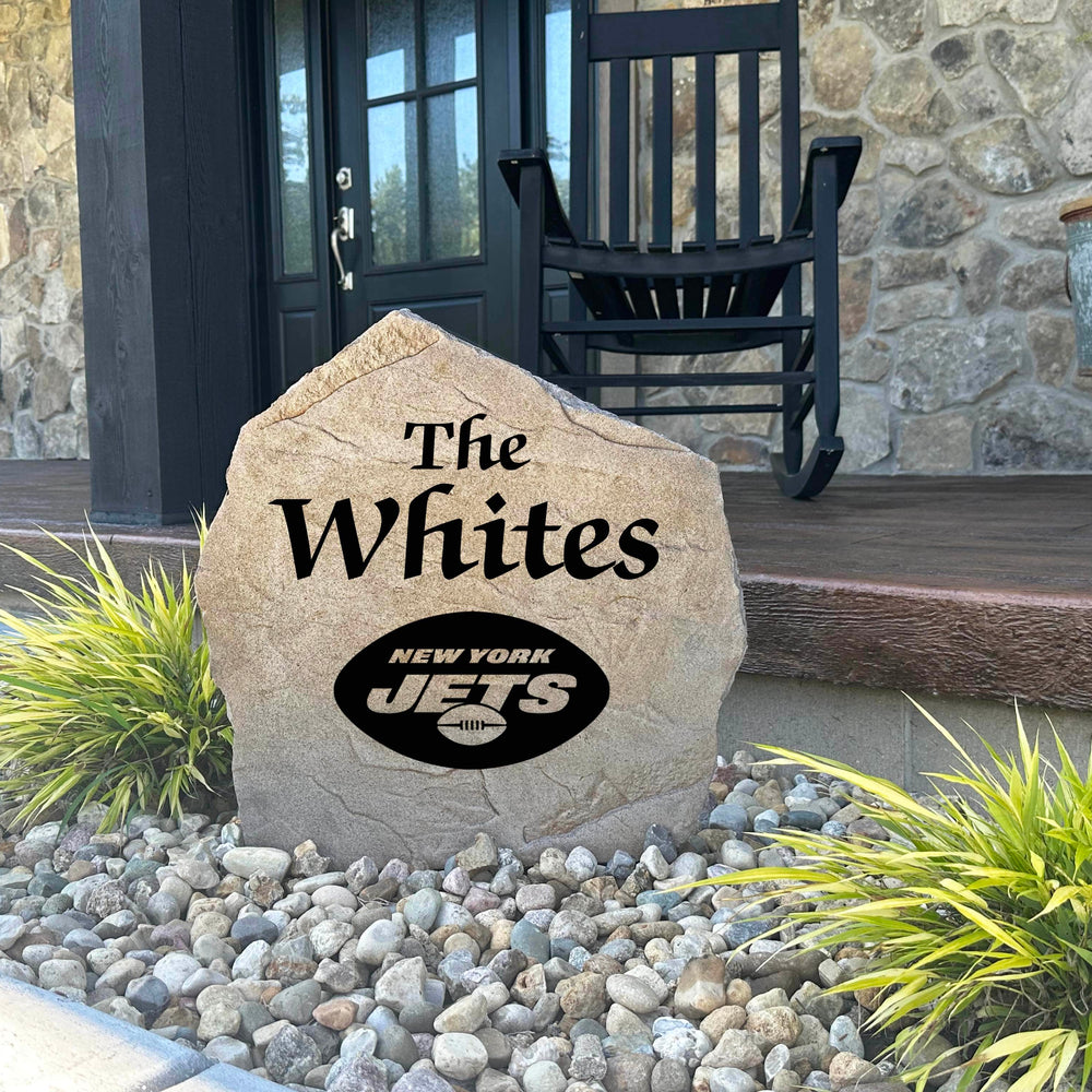 Decorative New York Jets Name Stone featuring personalized family names permanently engraved into the stone surface alongside officially licensed team graphics. Perfect for gardens, patios, and entryways, this outdoor accent celebrates Jets football tradition.