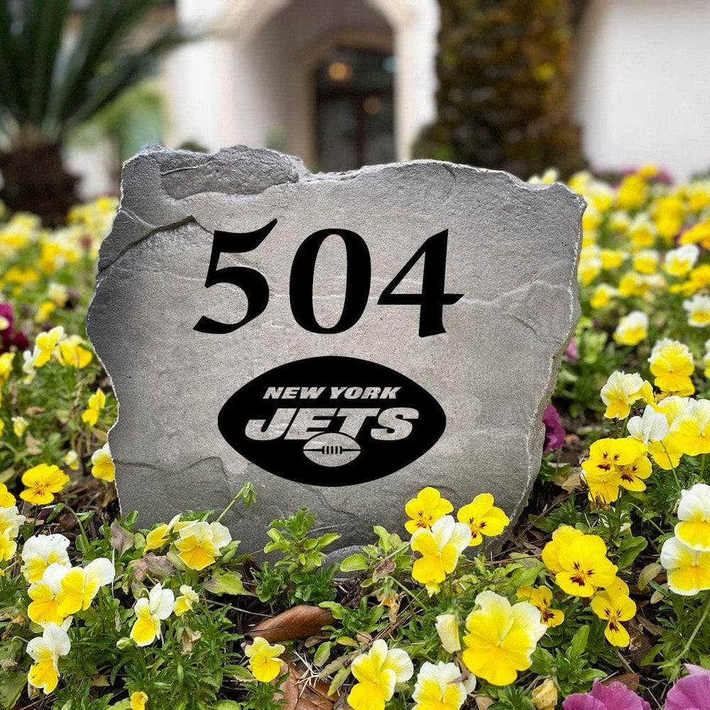 Officially licensed New York Jets Address Stone handcrafted in the USA with custom house numbers and durable engraved artwork. This weather-resistant address stone provides lasting beauty and curb appeal for football fans and outdoor spaces.