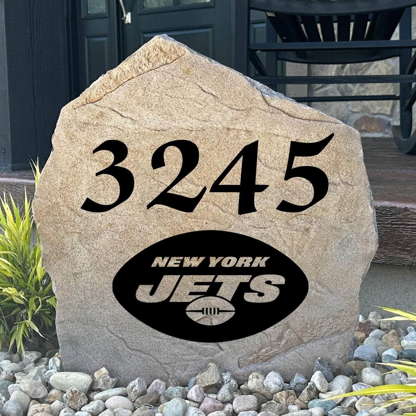 Officially licensed New York Jets Address Stone featuring custom house numbers and the iconic New York Jets logo engraved directly into the stone surface. This personalized address stone adds NFL team pride and enhances curb appeal for front yards, gardens, driveways, and entryways.
