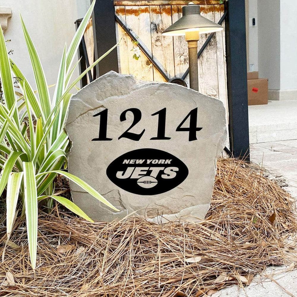 Engraved New York Jets Address Stone with custom house numbers and the official New York Jets logo, bringing football spirit and timeless style to front yard landscapes, walkways, and home entrances.