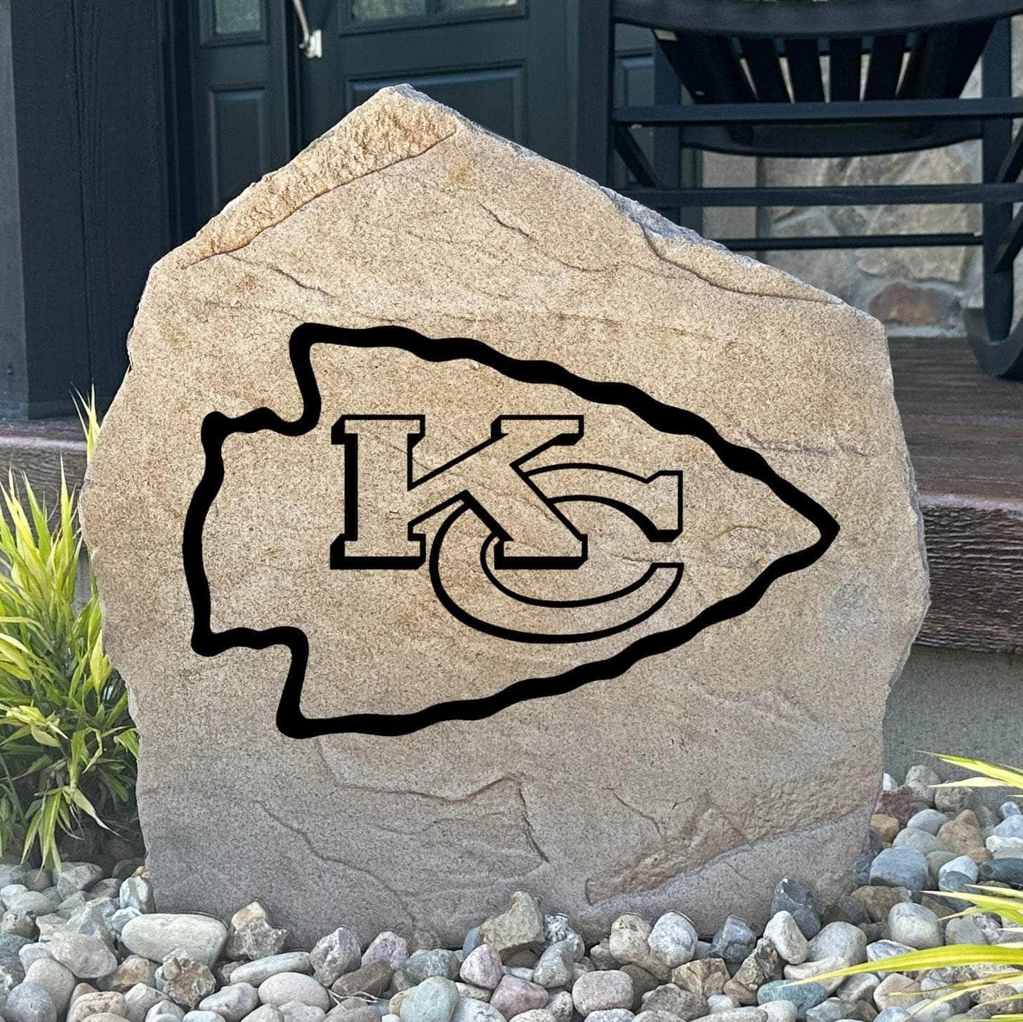 Officially licensed Kansas City Chiefs Logo Stone featuring the iconic Kansas City Chiefs logo engraved directly into the stone surface. This decorative garden stone adds NFL team spirit and curb appeal to front yards, patios, gardens, and entryways.