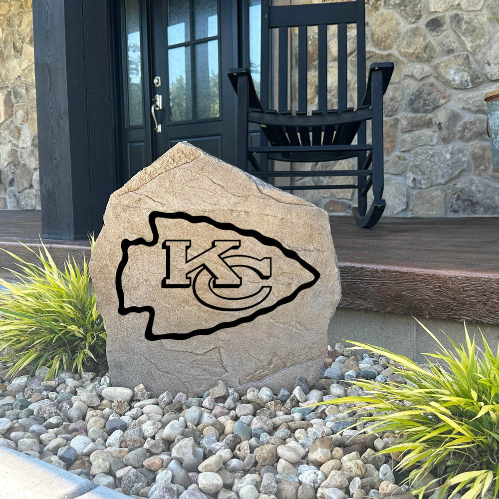 Decorative Kansas City Chiefs Logo Stone with officially licensed team graphics carved directly into the stone surface. Perfect for gardens, patios, fan caves, and entryways, this outdoor décor celebrates Kansas City Chiefs football tradition and team pride.