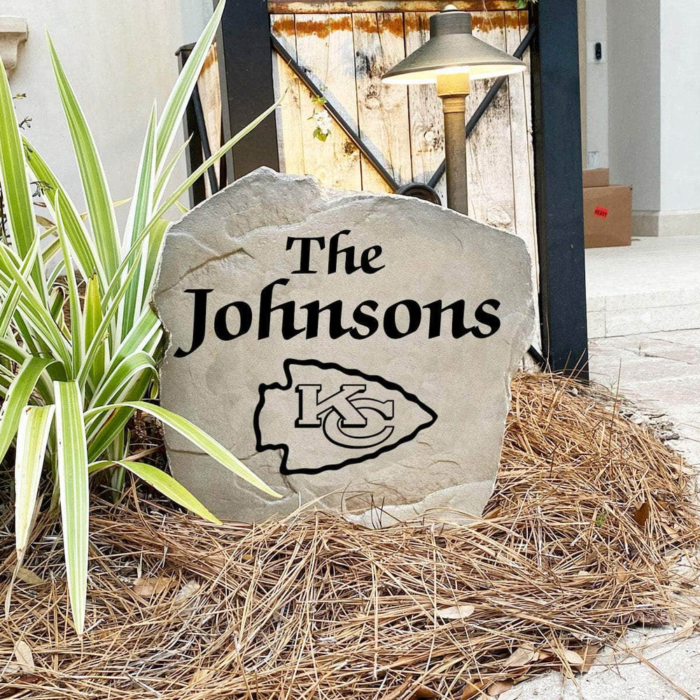 Engraved Kansas City Chiefs Name Stone with a custom family name and the official Kansas City Chiefs logo, bringing football spirit and timeless style to front yard landscapes, walkways, and home entrances.