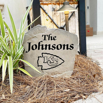 Engraved Kansas City Chiefs Name Stone with a custom family name and the official Kansas City Chiefs logo, bringing football spirit and timeless style to front yard landscapes, walkways, and home entrances.
