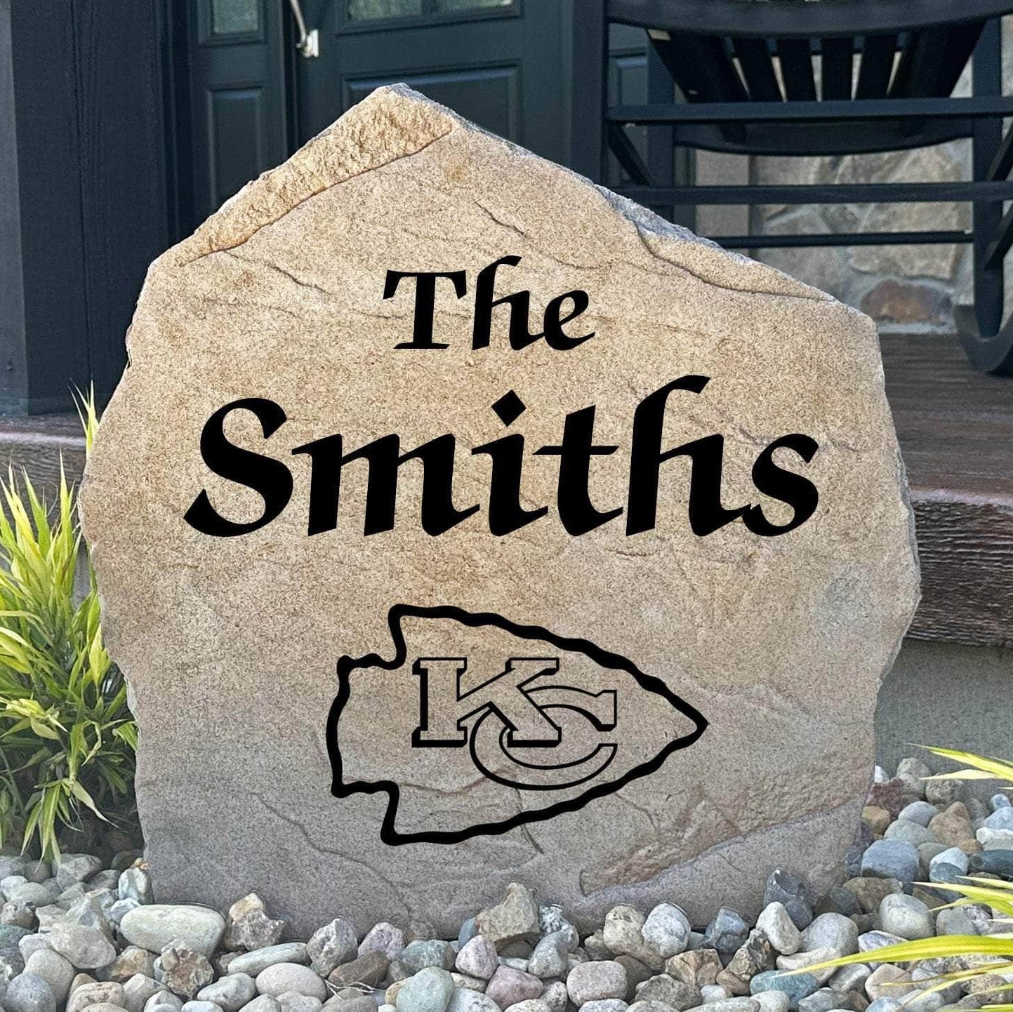 Officially licensed Kansas City Chiefs Name Stone featuring a personalized family name and the iconic Kansas City Chiefs logo engraved directly into the stone surface. This custom garden stone adds NFL team pride and curb appeal to front yards, patios, gardens, and entryways.