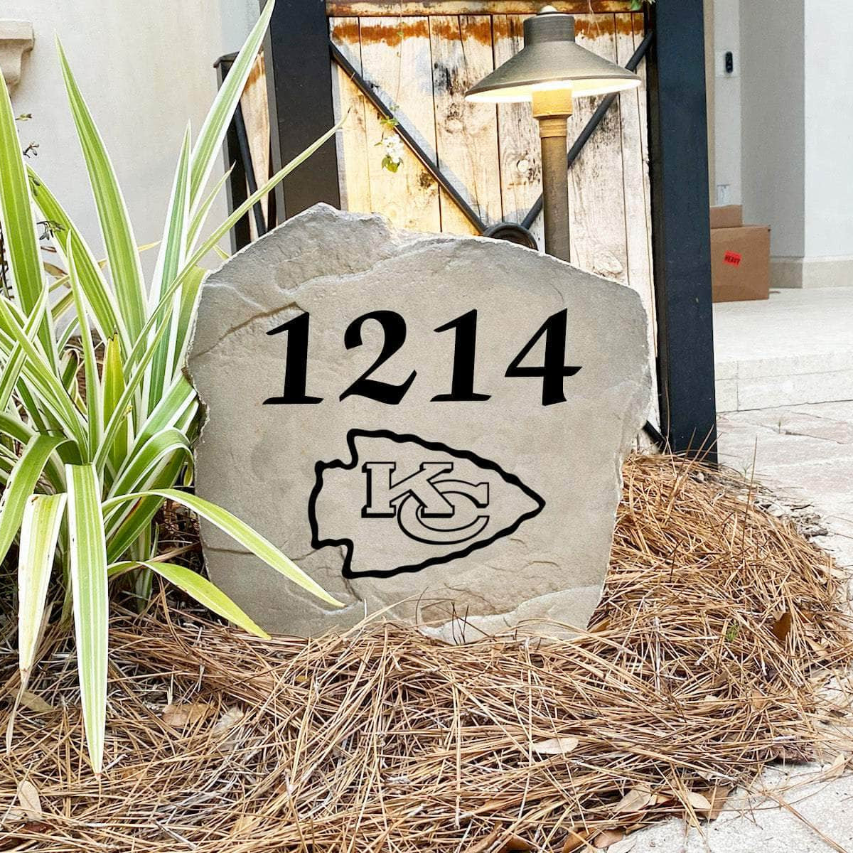 Engraved Kansas City Chiefs Address Stone with custom house numbers and the official Kansas City Chiefs logo, bringing football spirit and timeless style to front yard landscapes, walkways, and home entrances.