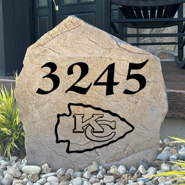 Officially licensed Kansas City Chiefs Address Stone featuring custom house numbers and the iconic Kansas City Chiefs logo engraved directly into the stone surface. This personalized address stone adds NFL team pride and enhances curb appeal for front yards, gardens, driveways, and entryways.