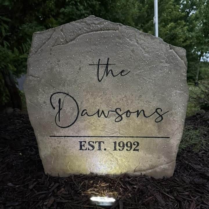 Personalized Modern Name Stone engraved with your family surname, bringing sleek contemporary style to front yards, gardens, and home entrances.