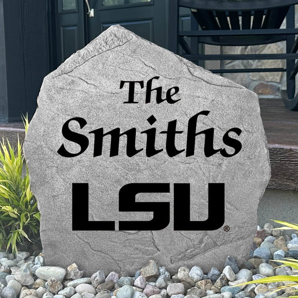 Officially licensed LSU Tigers family name plaque crafted from durable concrete, showcasing custom engraving with timeless collegiate style.
