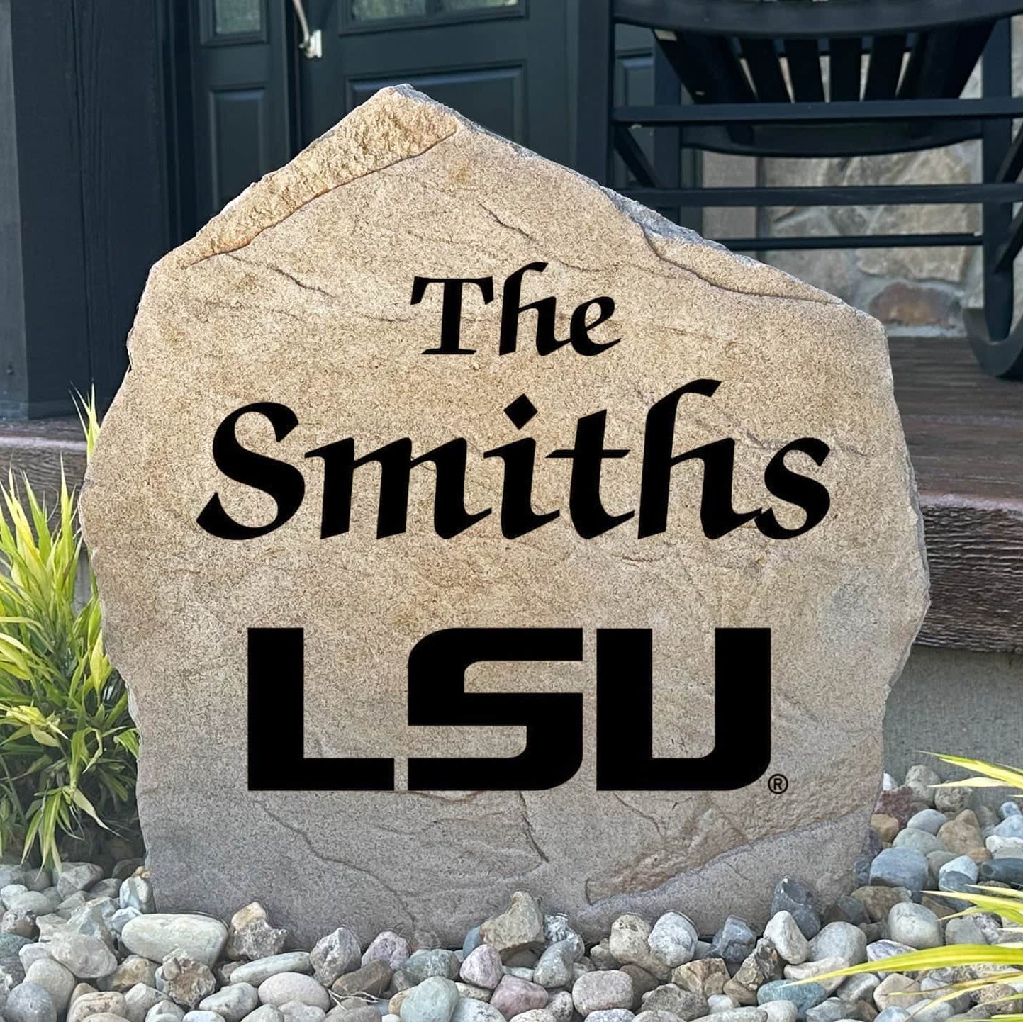 Personalized LSU Name Stone engraved with your family surname, creating a bold Tigers-inspired centerpiece for your home's landscape.