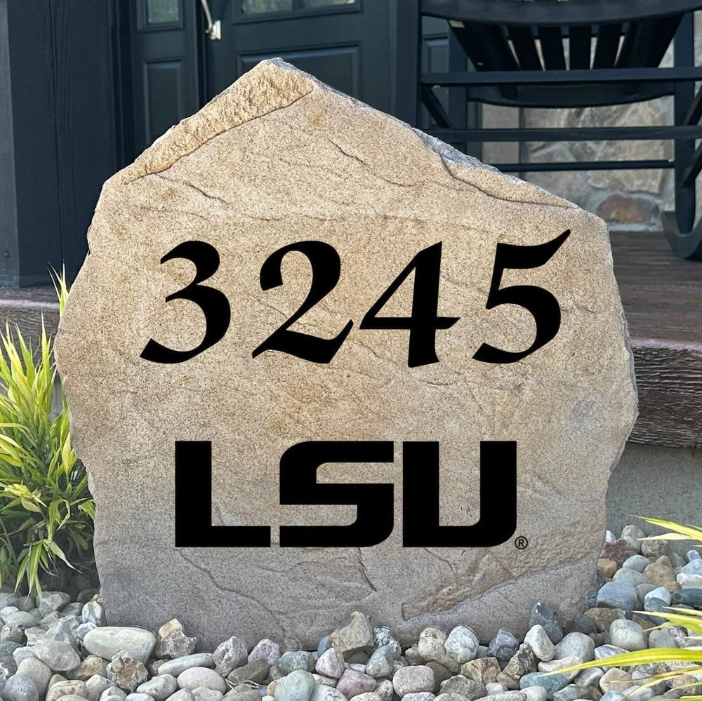 Personalized LSU Address Stone engraved with custom house numbers, creating a bold Tigers-inspired entrance that stands out in any landscape.