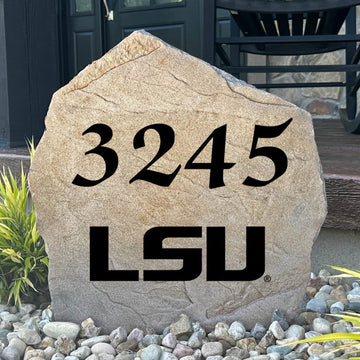 Personalized LSU Address Stone engraved with custom house numbers, creating a bold Tigers-inspired entrance that stands out in any landscape.