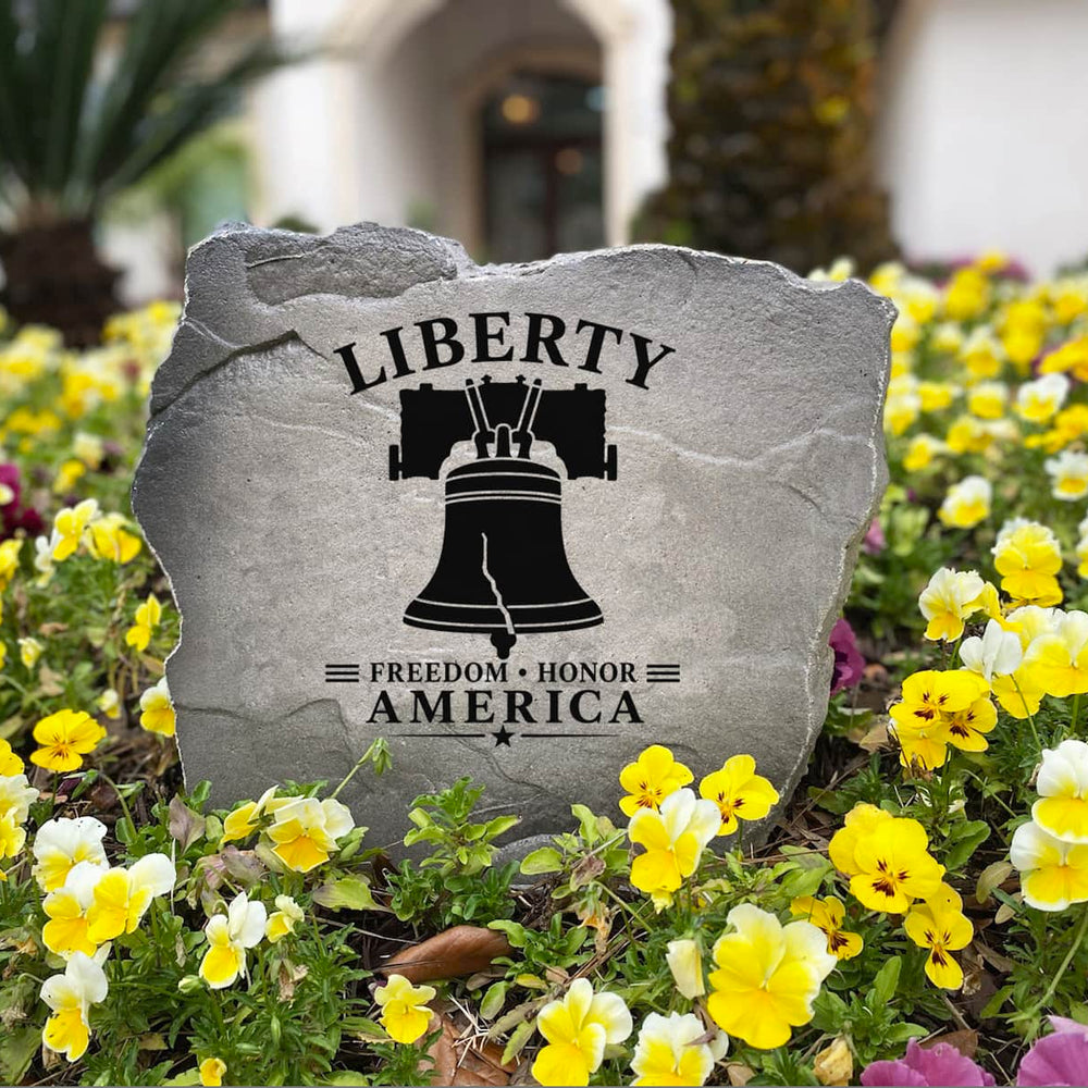 Handcrafted Liberty Bell Stone proudly made in the USA with deep precision engraving and weather-resistant construction. Available in Sandstone and Greystone finishes for lasting outdoor beauty throughout every season.