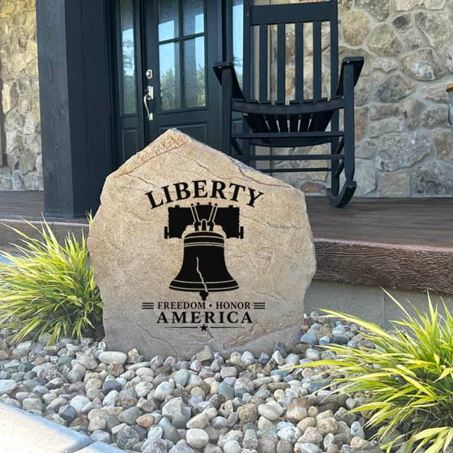 Decorative Liberty Bell Stone engraved directly into durable stone with a classic American-inspired design. Perfect for flower beds, memorial gardens, porches, outdoor living spaces, and beautifully landscaped yards.