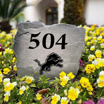 Officially licensed Detroit Lions Address Stone handcrafted in the USA with custom house numbers and durable engraved artwork. Available in Sandstone and Greystone finishes, this weather-resistant address stone provides lasting beauty and curb appeal for football fans.