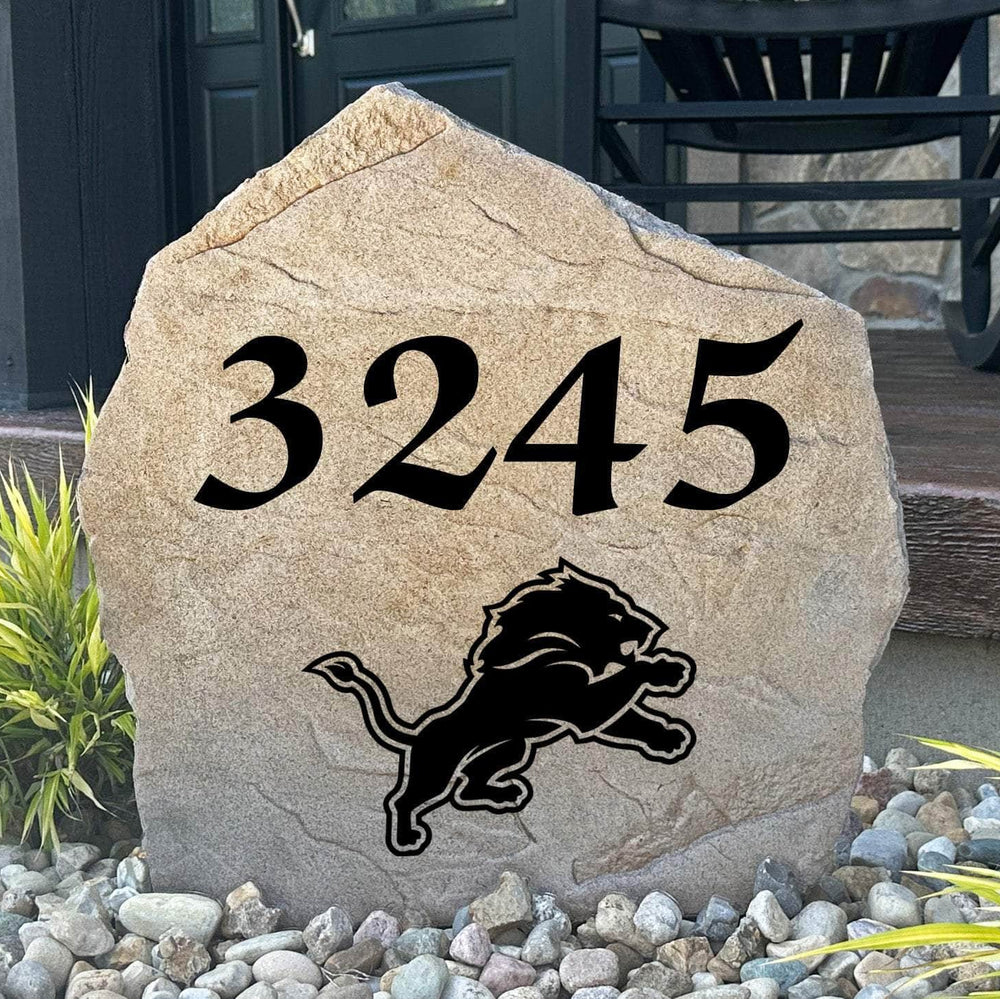 Officially licensed Detroit Lions Address Stone featuring custom house numbers and the iconic Detroit Lions logo engraved directly into the stone surface. This personalized address stone adds NFL team pride and enhances curb appeal for front yards, gardens, driveways, and entryways.