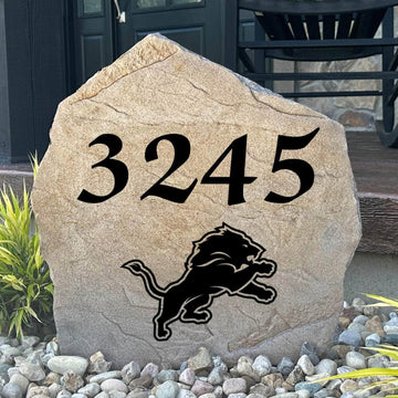 Officially licensed Detroit Lions Address Stone featuring custom house numbers and the iconic Detroit Lions logo engraved directly into the stone surface. This personalized address stone adds NFL team pride and enhances curb appeal for front yards, gardens, driveways, and entryways.