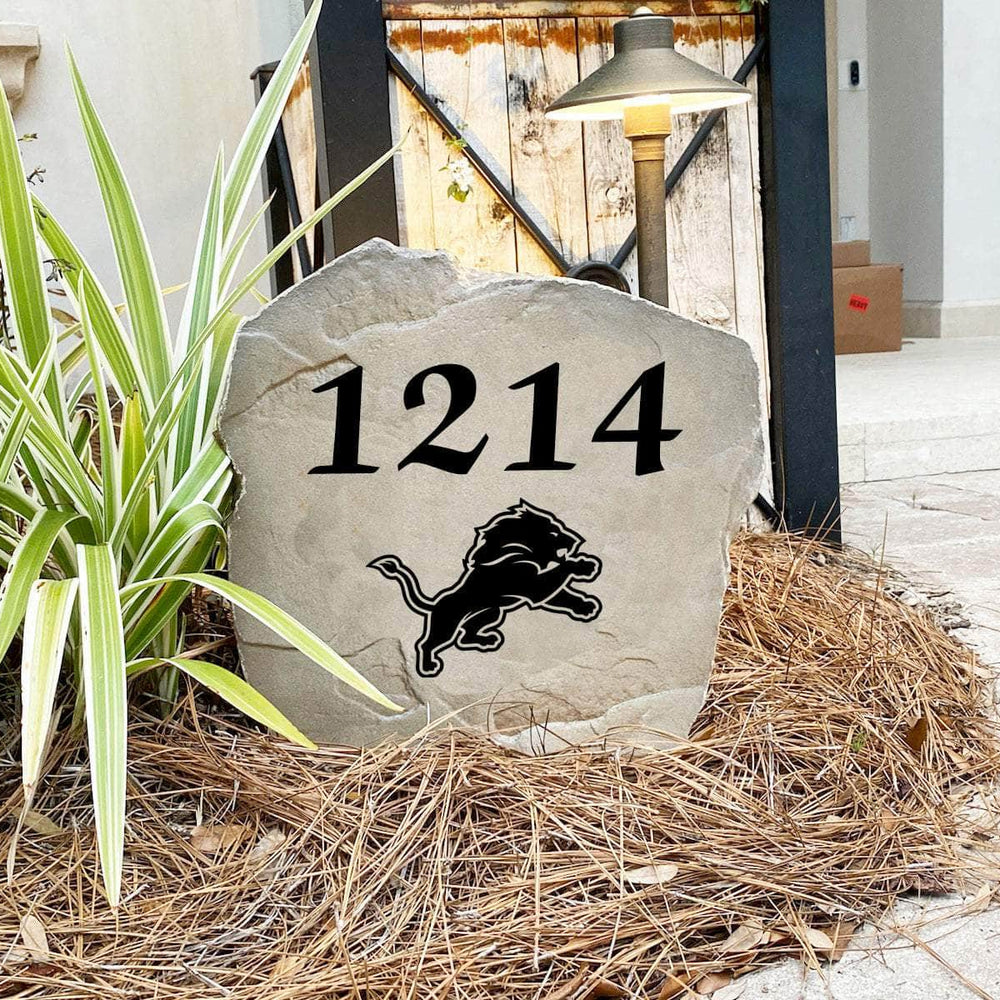 Engraved Detroit Lions Address Stone with custom house numbers and the official Detroit Lions logo, bringing football spirit and timeless style to front yard landscapes, walkways, and home entrances.