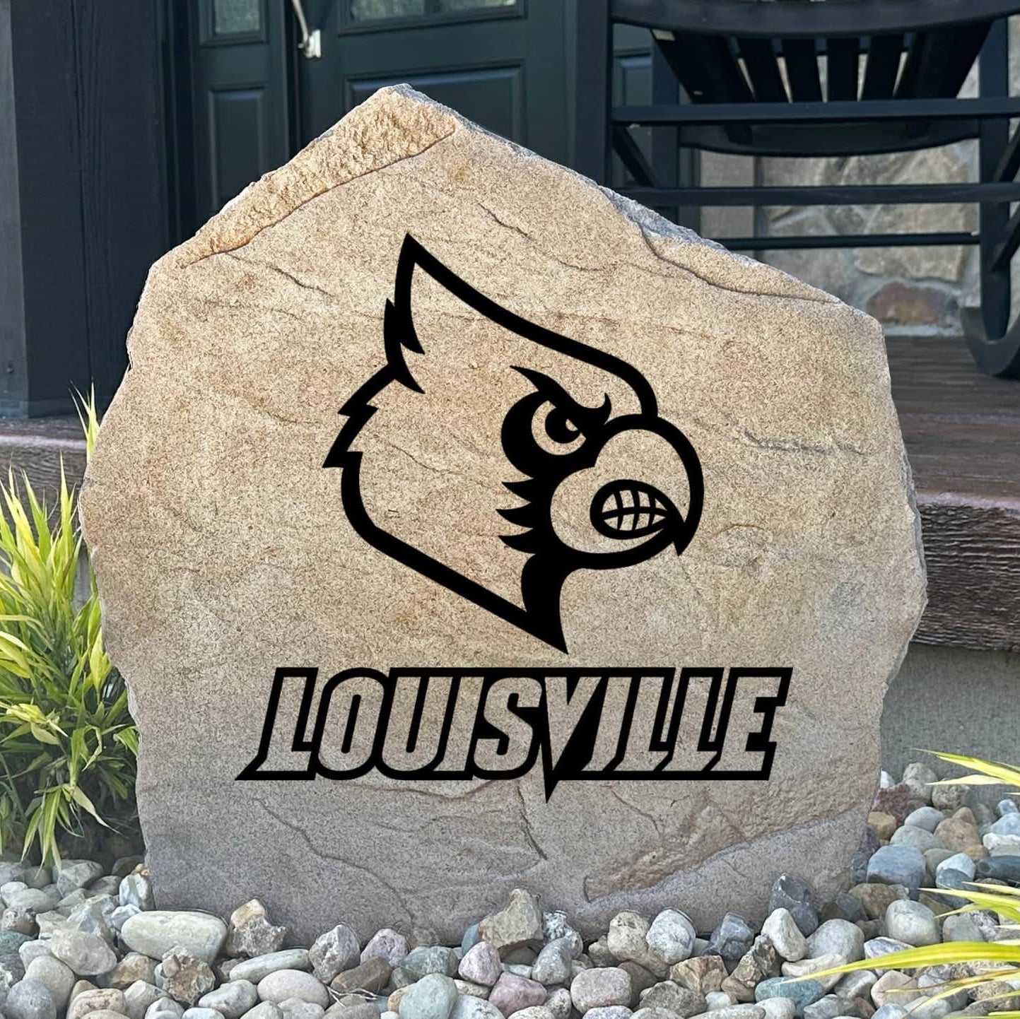 Officially licensed University of Louisville Logo Stone featuring the iconic Cardinals logo engraved into premium stone. This decorative landscape stone brings Louisville pride to gardens, patios, walkways, and front entrances.