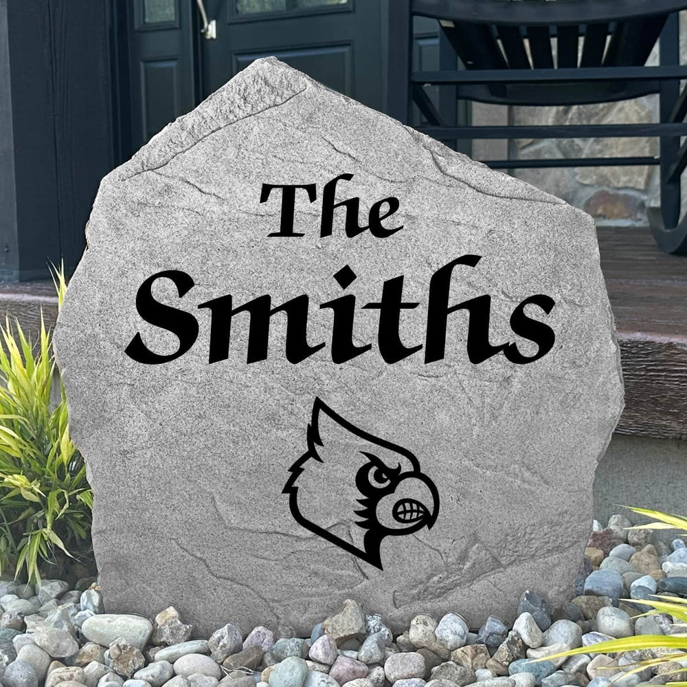 Custom Louisville Cardinals Name Stone featuring officially licensed university artwork and personalized family lettering. A strong landscape accent for gardens, patios, flower beds, and front walkways.