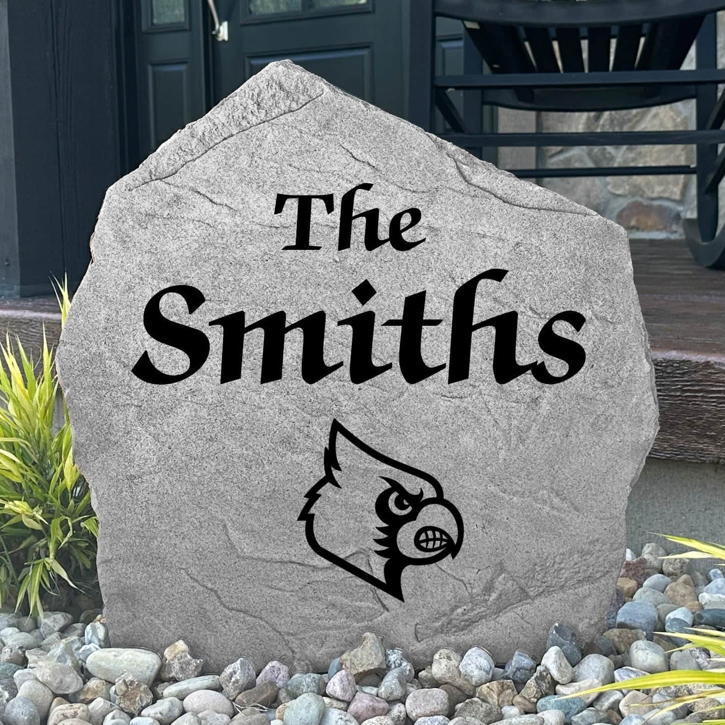 Custom Louisville Cardinals Name Stone featuring officially licensed university artwork and personalized family lettering. A strong landscape accent for gardens, patios, flower beds, and front walkways.