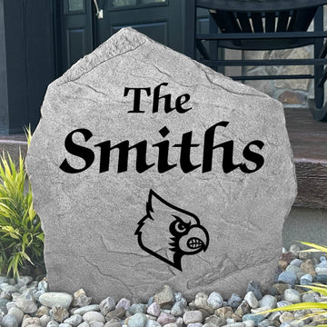 Custom Louisville Cardinals Name Stone featuring officially licensed university artwork and personalized family lettering. A strong landscape accent for gardens, patios, flower beds, and front walkways.