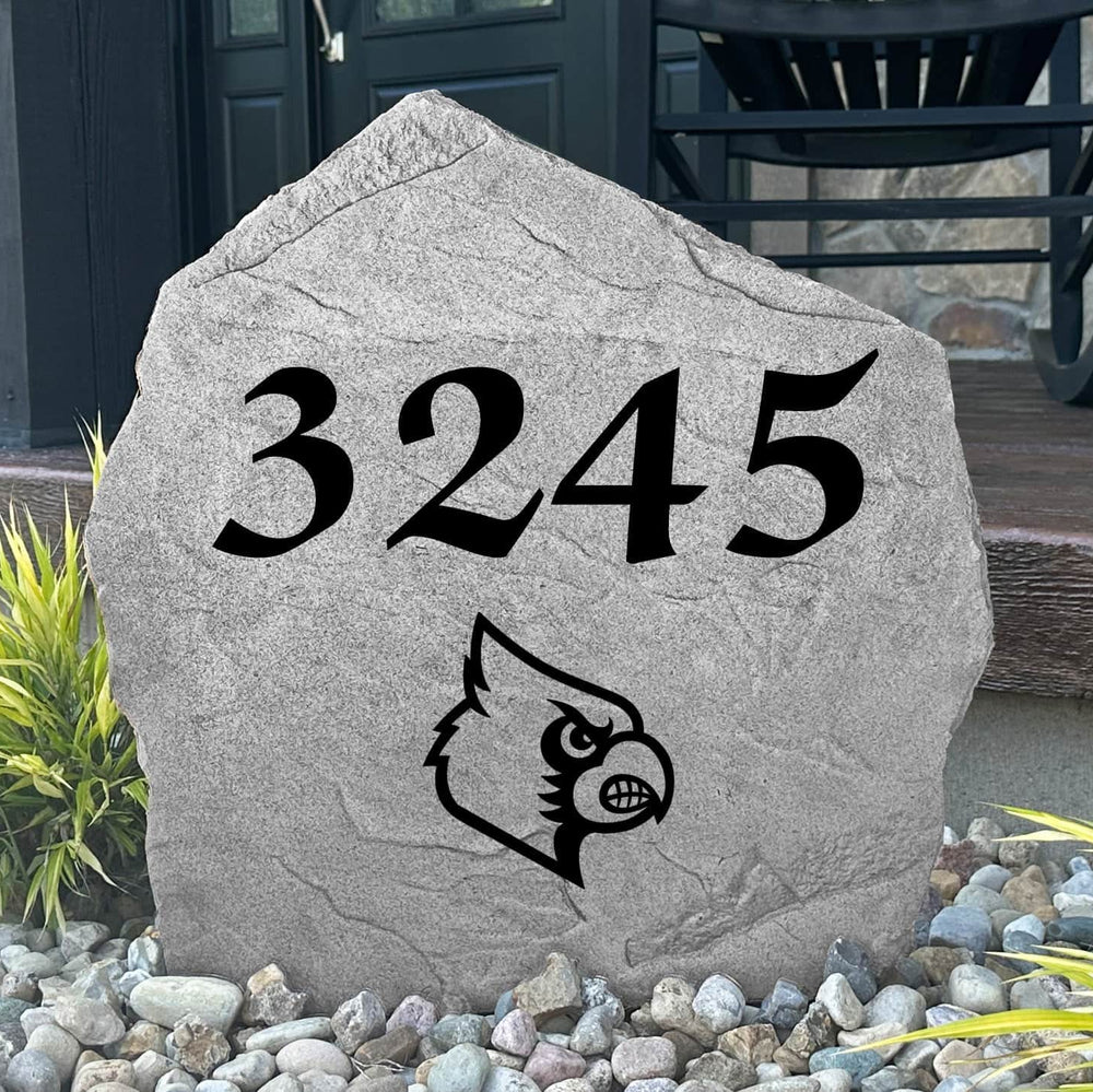 Custom University of Louisville Address Stone featuring the official Cardinals logo and personalized house numbers. A stylish way to display your address in front yards, driveways, gardens, and landscaped entryways.