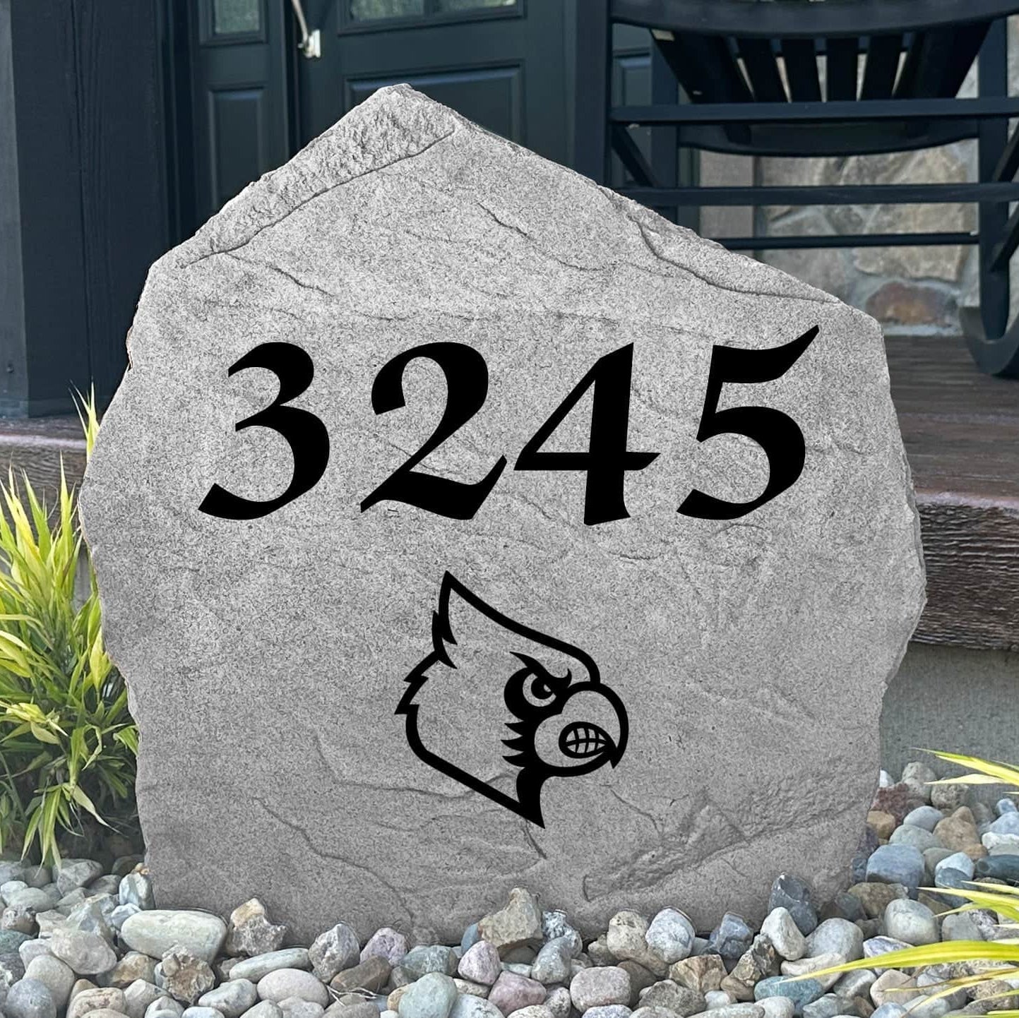 Custom University of Louisville Address Stone featuring the official Cardinals logo and personalized house numbers. A stylish way to display your address in front yards, driveways, gardens, and landscaped entryways.