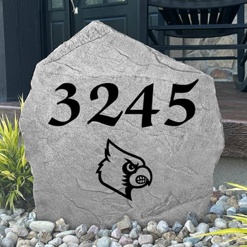 Custom University of Louisville Address Stone featuring the official Cardinals logo and personalized house numbers. A stylish way to display your address in front yards, driveways, gardens, and landscaped entryways.
