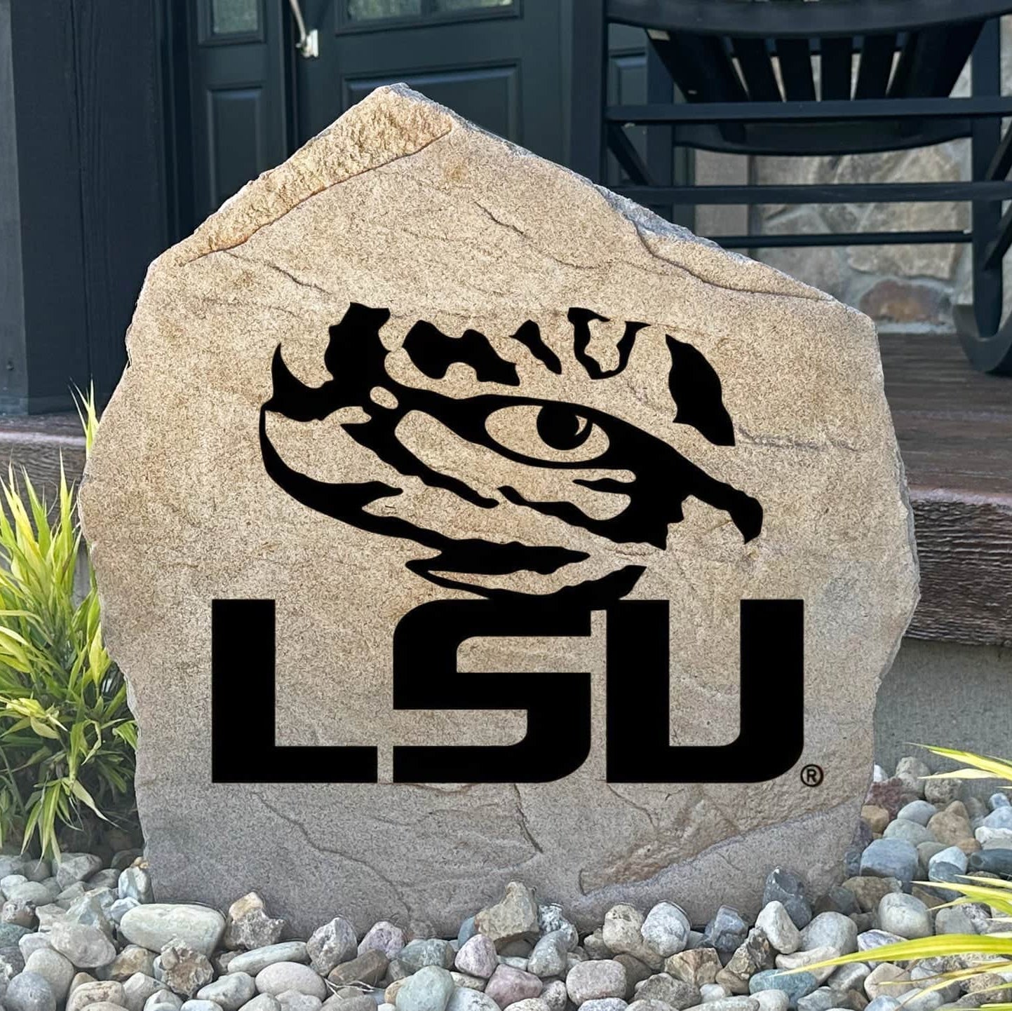 Officially licensed LSU logo stone featuring the iconic Tigers emblem as a striking focal point for gardens, patios, and front yard landscapes.