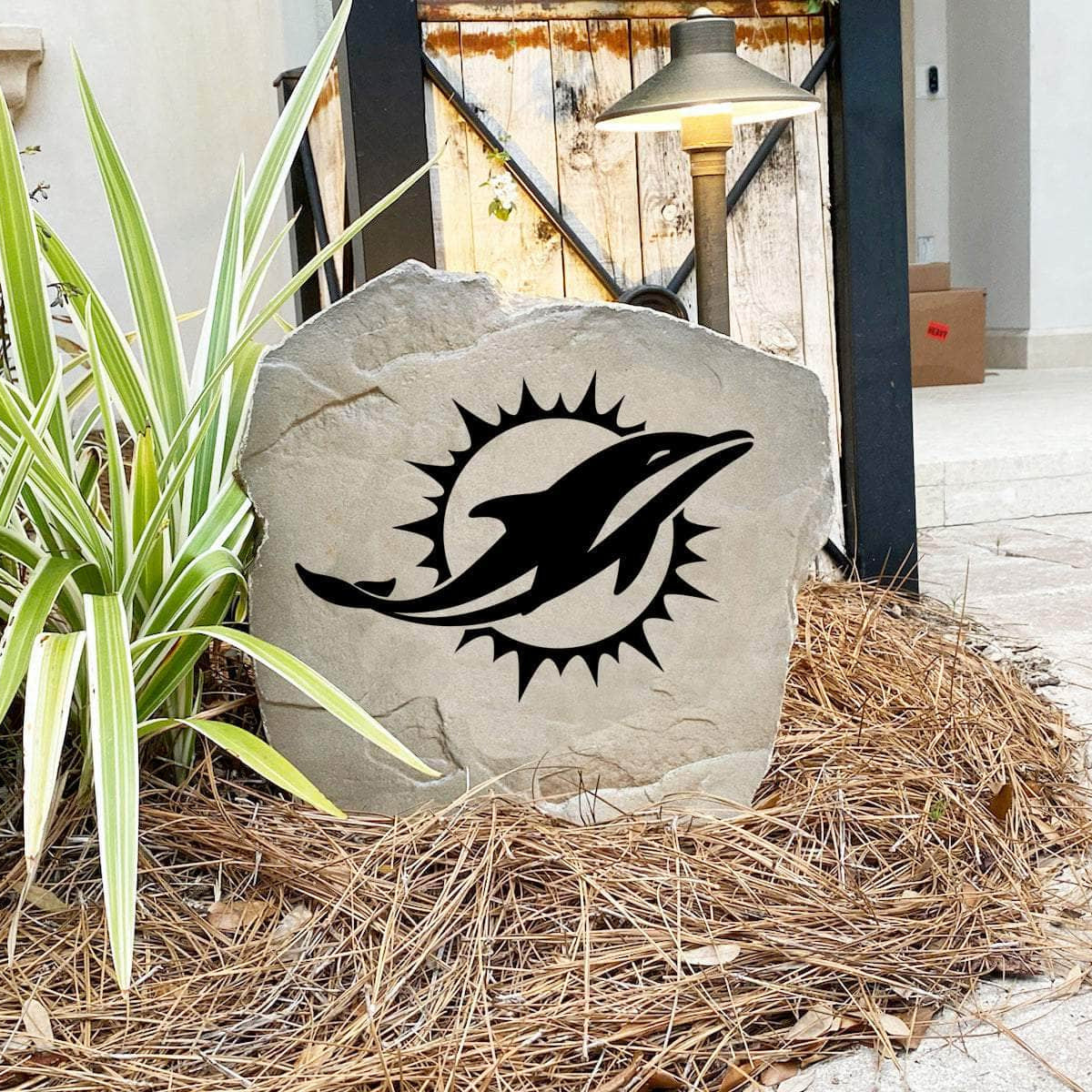 Engraved Miami Dolphins Logo Stone featuring the official Dolphins emblem, bringing football pride and timeless style to walkways, landscape beds, patios, and outdoor gathering areas.