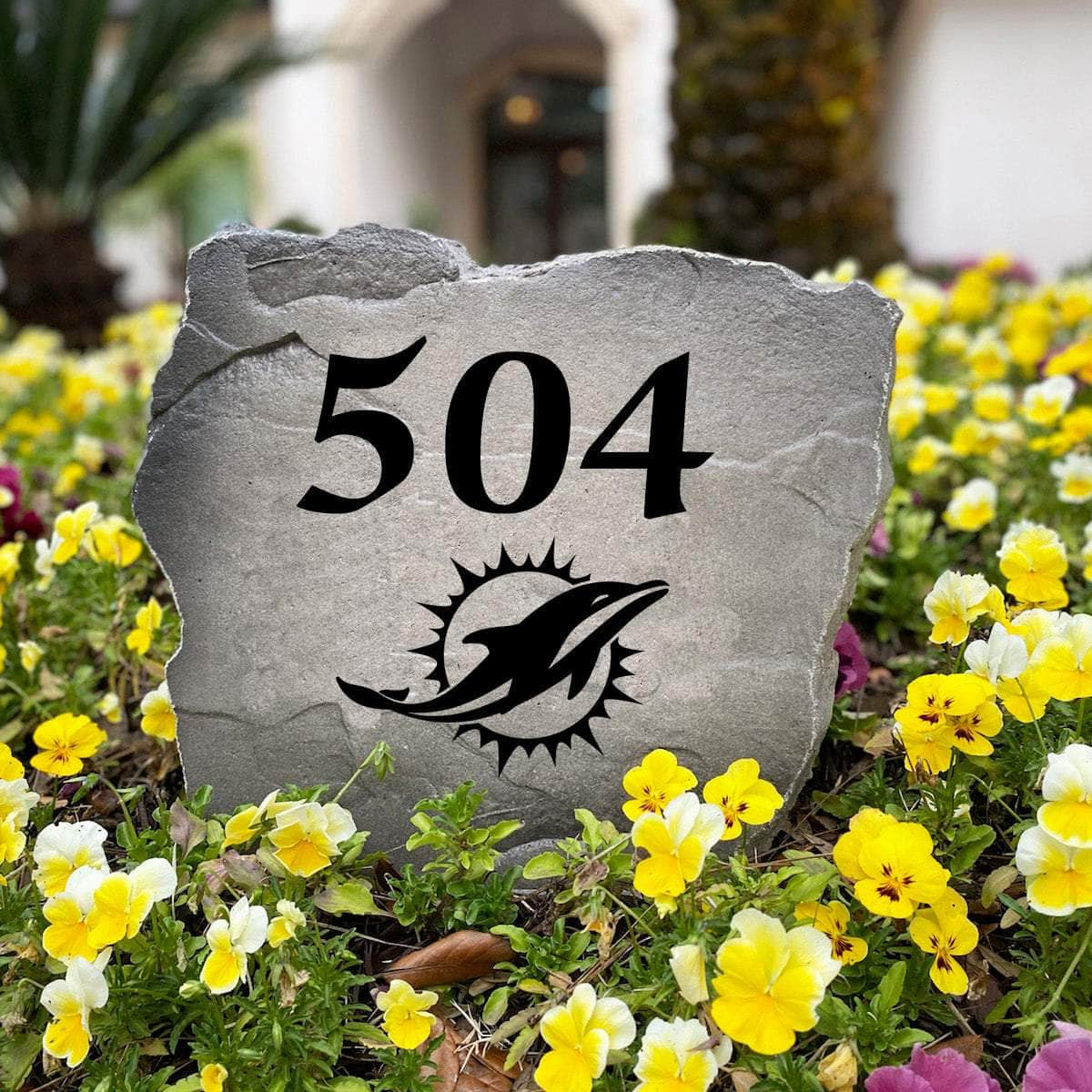 Officially licensed Miami Dolphins Address Stone handcrafted in the USA with custom house numbers and durable engraved artwork. This weather-resistant address stone provides lasting beauty and curb appeal for football fans and outdoor spaces.