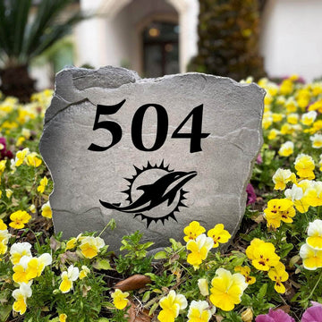 Officially licensed Miami Dolphins Address Stone handcrafted in the USA with custom house numbers and durable engraved artwork. This weather-resistant address stone provides lasting beauty and curb appeal for football fans and outdoor spaces.