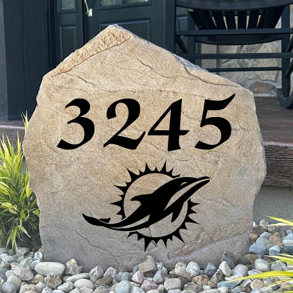 Officially licensed Miami Dolphins Address Stone featuring custom house numbers and the iconic Miami Dolphins logo engraved directly into the stone surface. This personalized address stone adds NFL team pride and enhances curb appeal for front yards, gardens, driveways, and entryways.