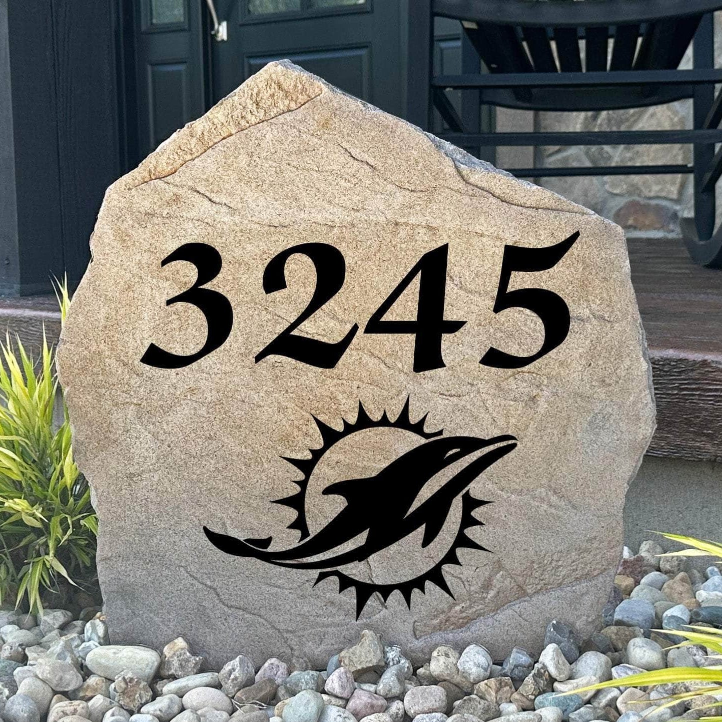 Officially licensed Miami Dolphins Address Stone featuring custom house numbers and the iconic Miami Dolphins logo engraved directly into the stone surface. This personalized address stone adds NFL team pride and enhances curb appeal for front yards, gardens, driveways, and entryways.