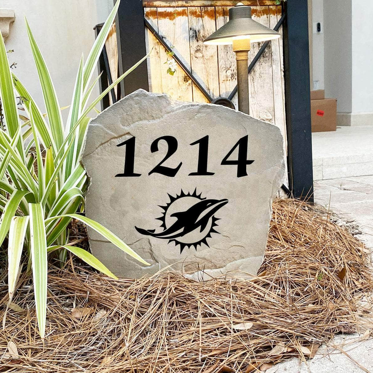 Engraved Miami Dolphins Address Stone with custom house numbers and the official Miami Dolphins logo, bringing football spirit and timeless style to front yard landscapes, walkways, and home entrances.