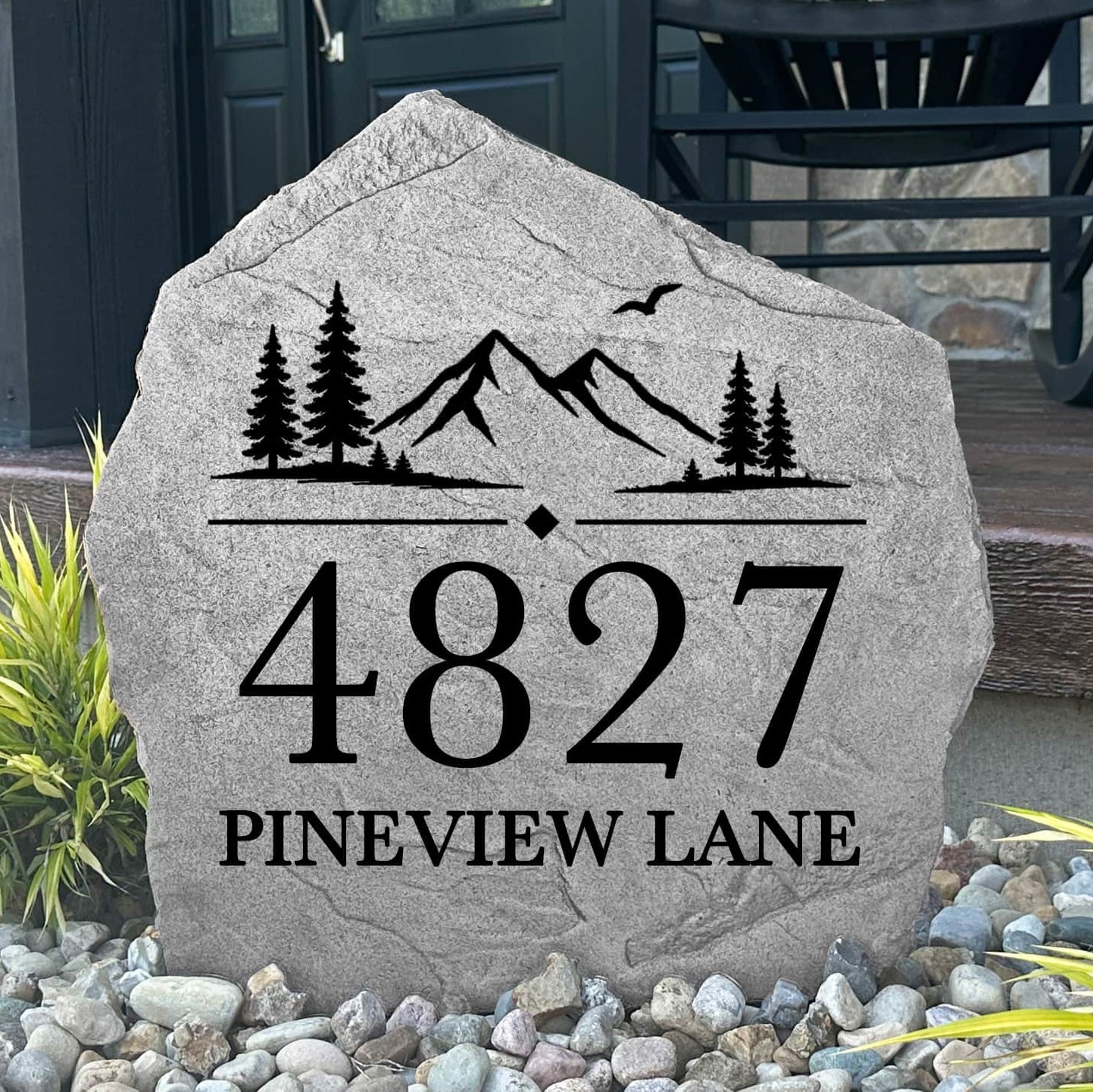 Custom Mountain View Address Stone showcasing personalized house numbers and an elegant mountain-inspired design. Perfect for front yards, driveways, gardens, landscape beds, and entryways.
