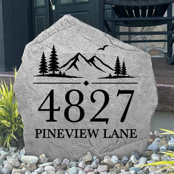 Custom Mountain View Address Stone showcasing personalized house numbers and an elegant mountain-inspired design. Perfect for front yards, driveways, gardens, landscape beds, and entryways.