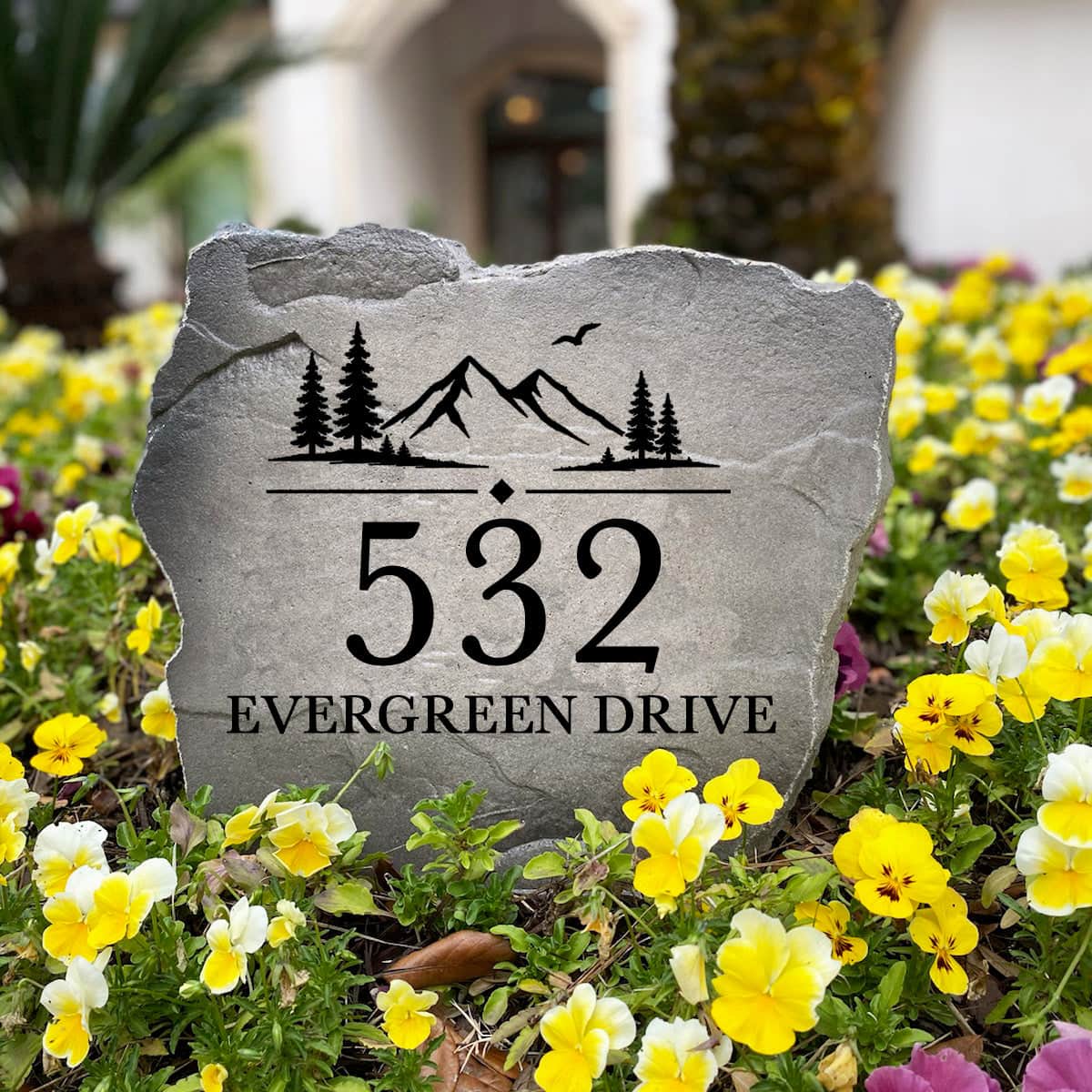 Personalized Mountain View outdoor address marker engraved into durable stone with custom house numbers. A thoughtful gift for new homeowners, cabin owners, mountain lovers, and housewarming celebrations.