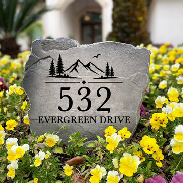 Personalized Mountain View outdoor address marker engraved into durable stone with custom house numbers. A thoughtful gift for new homeowners, cabin owners, mountain lovers, and housewarming celebrations.
