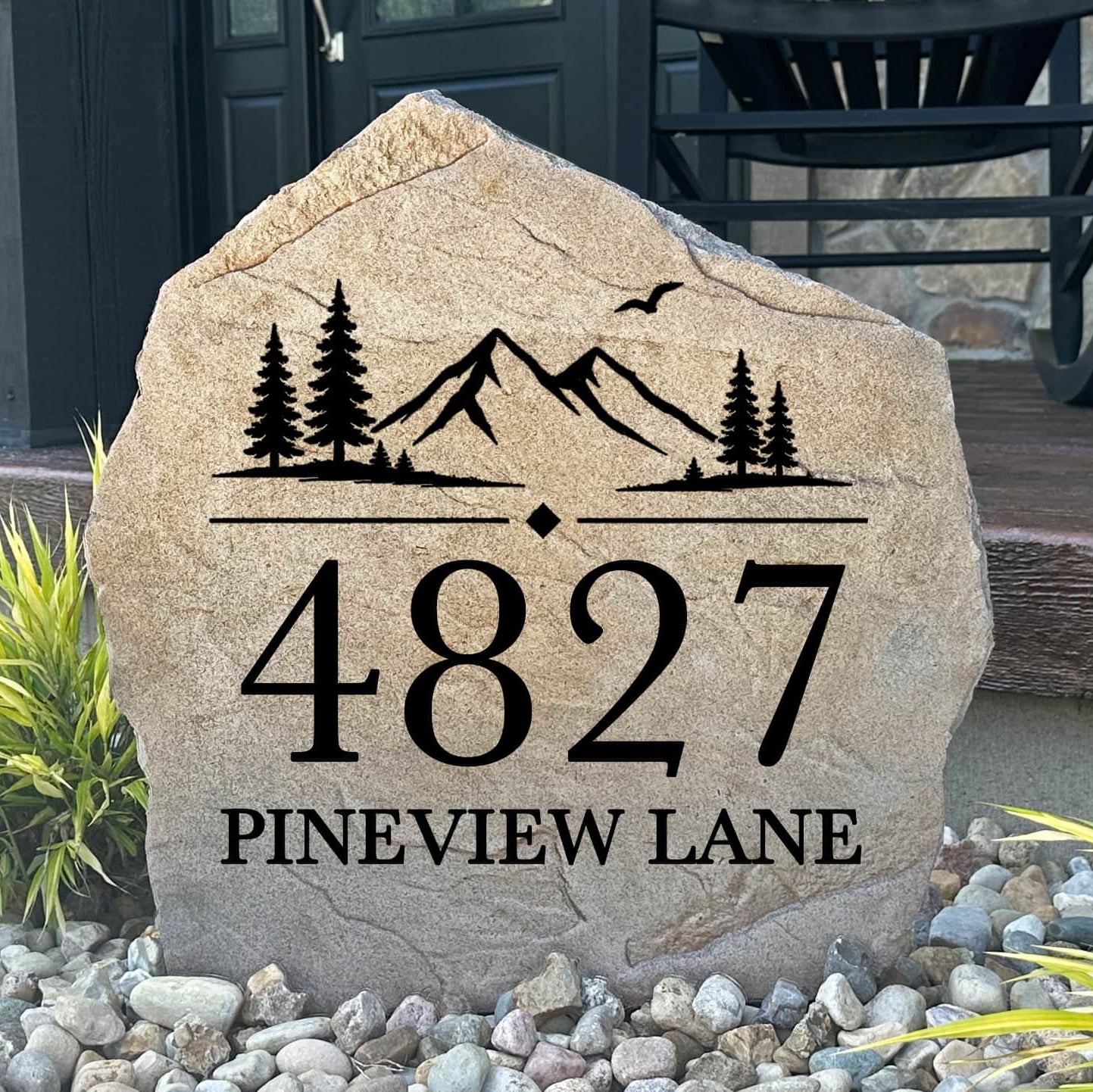 Personalized Mountain View Address Stone featuring custom house numbers and a scenic mountain landscape engraved directly into the stone surface. This decorative address marker enhances curb appeal and creates a welcoming entrance to your home.