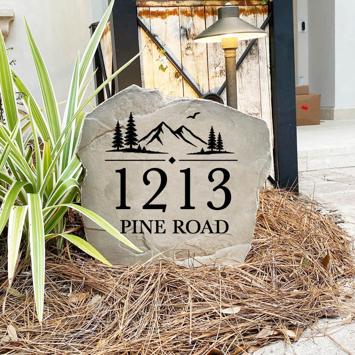 Handcrafted Mountain View Address Stone proudly made in the USA with deep precision engraving and weather-resistant construction. Available in Sandstone and Greystone finishes for lasting outdoor beauty.