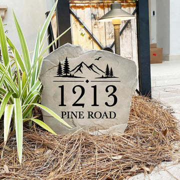 Handcrafted Mountain View Address Stone proudly made in the USA with deep precision engraving and weather-resistant construction. Available in Sandstone and Greystone finishes for lasting outdoor beauty.