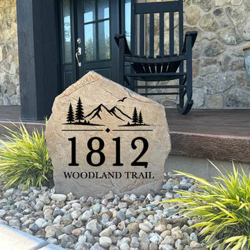Decorative Mountain View house number stone designed with a timeless mountain scene and permanently engraved custom address. This premium landscape accent combines natural beauty with everyday functionality.