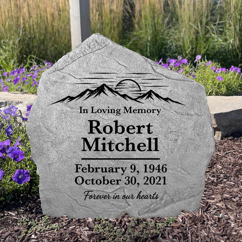 Custom Mountain View Memorial Stone featuring an engraved mountain scene for a lasting outdoor memorial