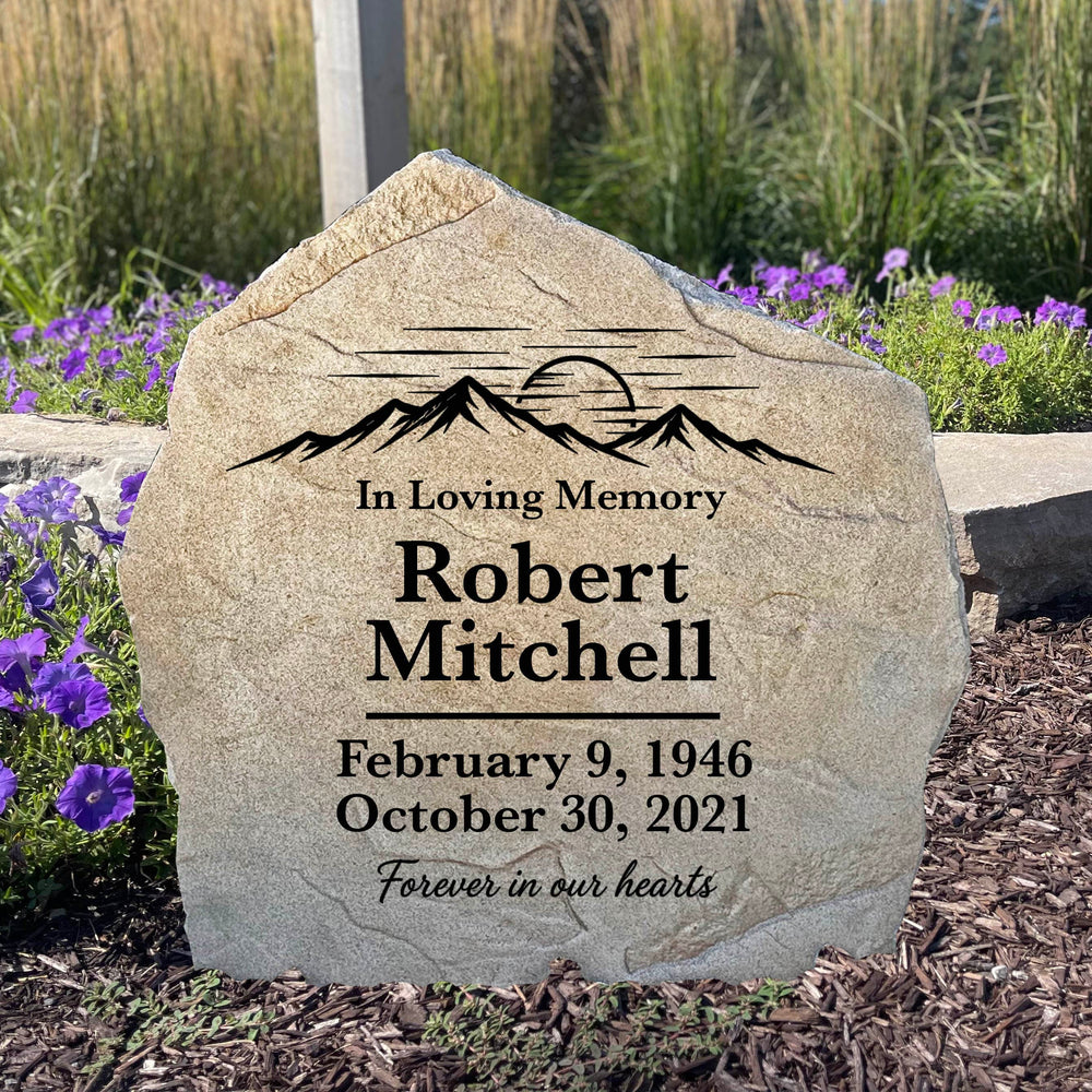 Mountain View Memorial Stone personalized with a loved one's name overlooking a peaceful mountain landscape