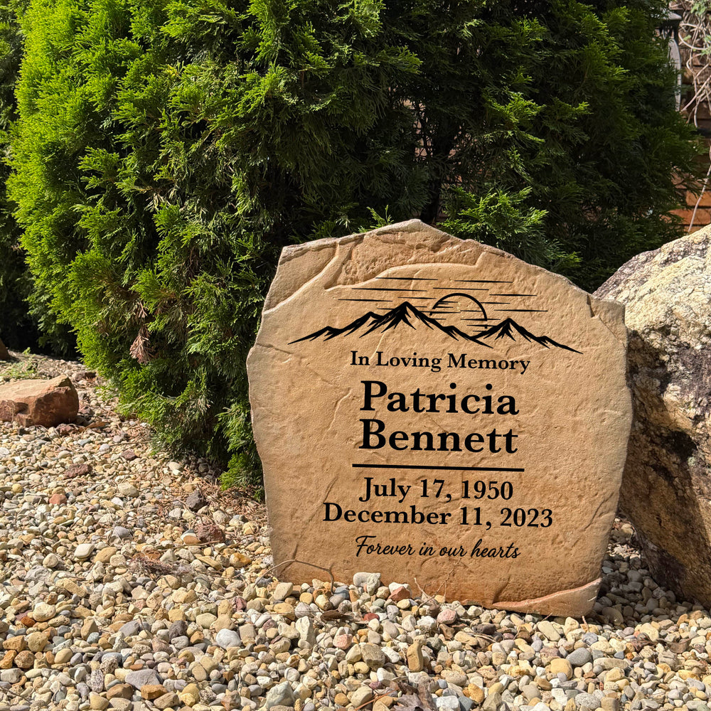 Engraved Mountain View memorial garden stone honoring the memory of a loved one with personalized details