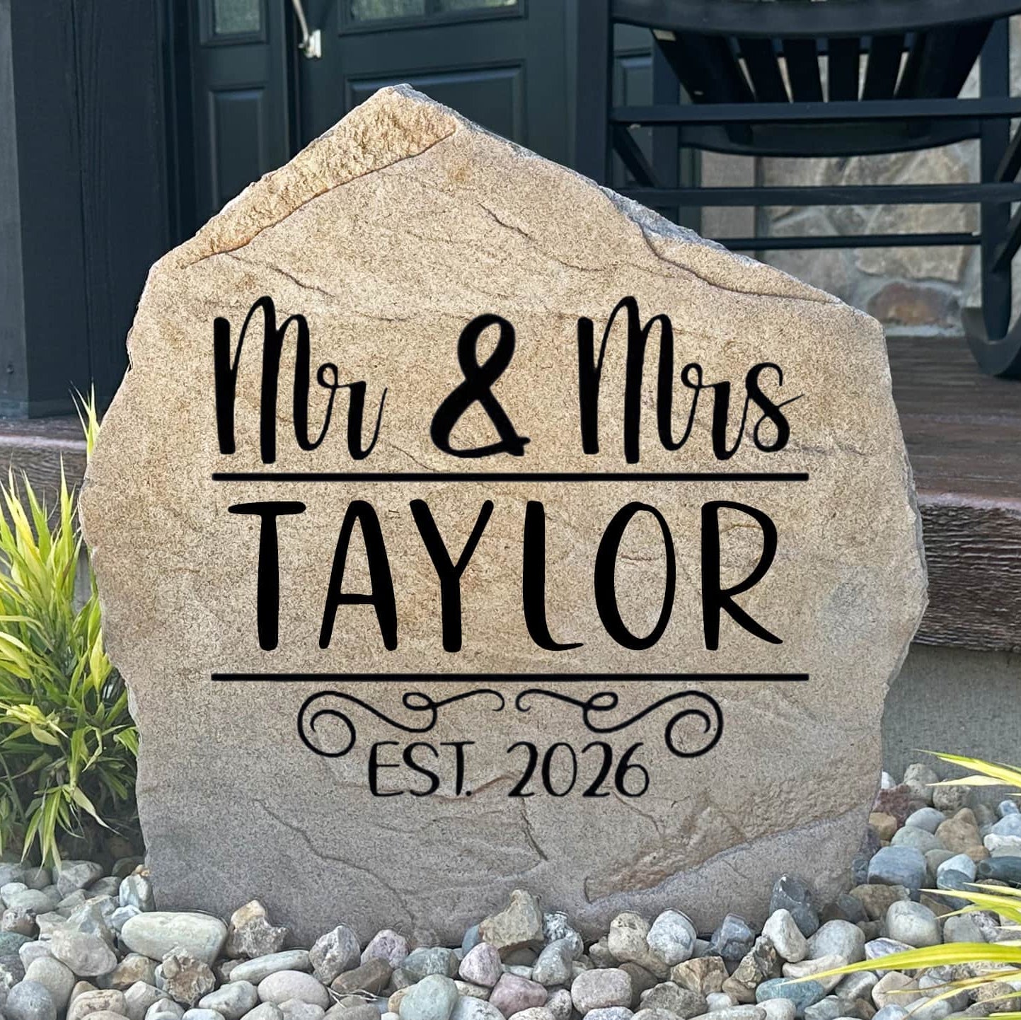 Personalized Mr. & Mrs. Name Stone featuring custom family names and established date engraved directly into the stone surface. This elegant outdoor sign adds timeless curb appeal to front yards, gardens, patios, and entryways.